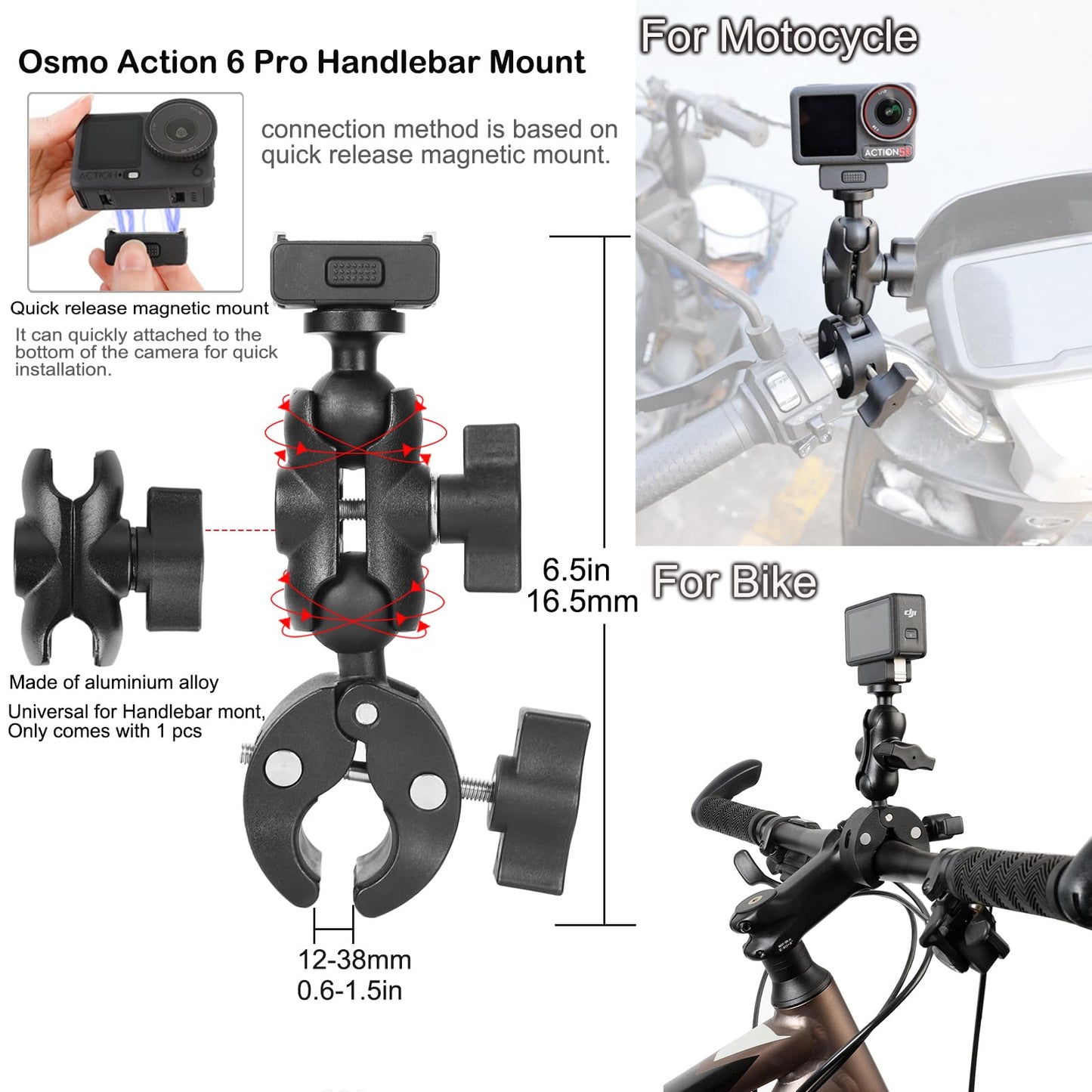PellKing Handlebar Clamp Car Mangnetic Mount for DJI Osmo Action 6/Nano,Quick Release Mangetic Mount 66mm Magnetic with 360 Degree Rotation,Ball Head