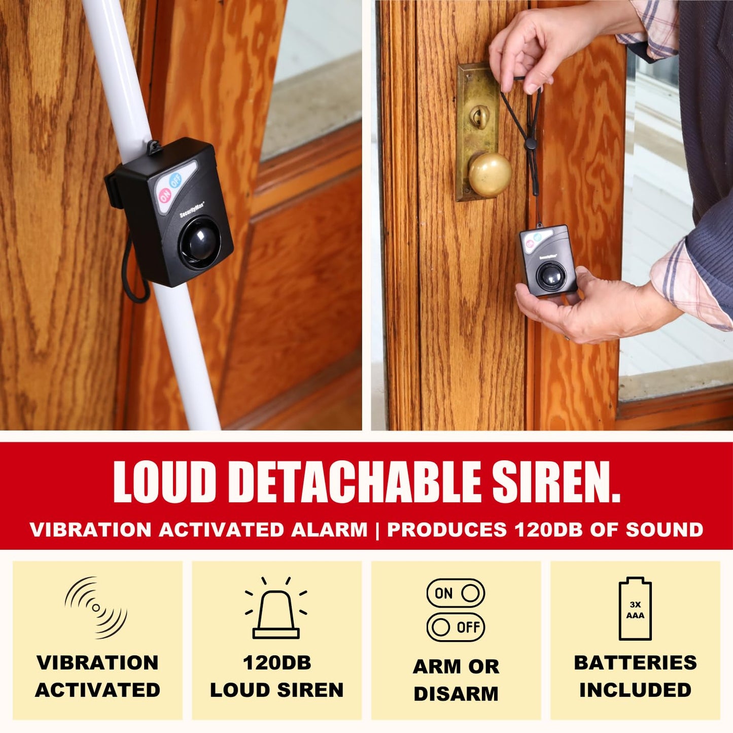Securityman Door Security Bar with Alarm (Detachable) - 120dB Siren Door Stopper Alarm - Adjustable Jammer & Patio Bar - Strong, Withstands 400lbs