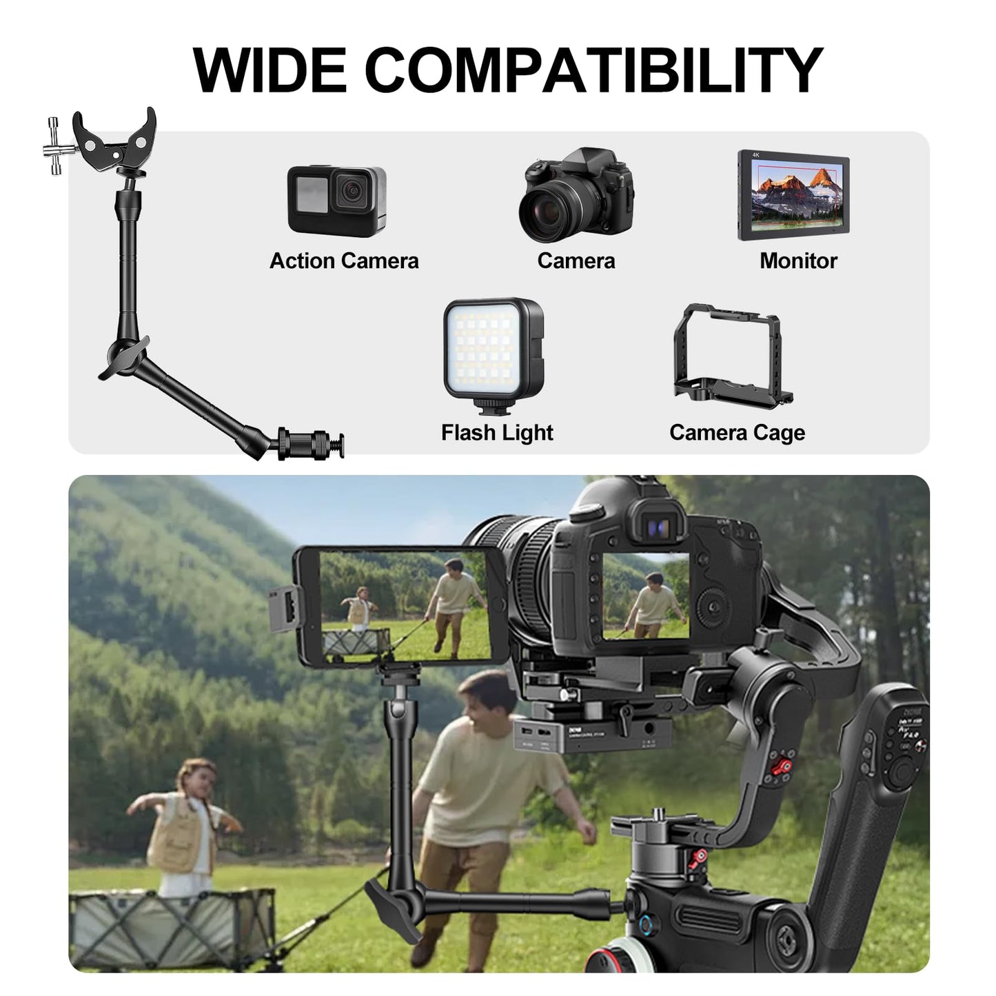 Magic Arm with Super Clamp Kit, 9.8" Adjustable Magic Arm Camera Mount with 1/4" & 3/8" Threads, 360° Rotation Adjustment for Monitor Flash LED Light