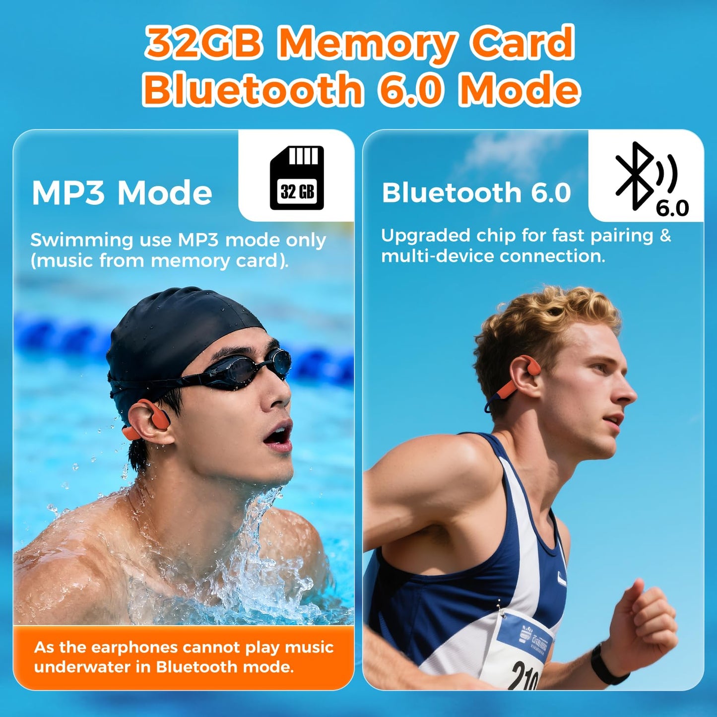 Full-Coverage Liquid Silicone Swimming Headphones, IP68 Waterproof Underwater Headphones, Bluetooth 6.0&MP3 with 32GB Memory Card