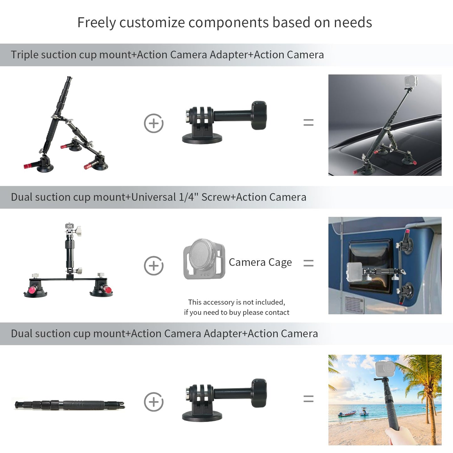 FIFIELD Triple Suction Cup Car Mount Kit with 2in1 Selfie Stick, CNC Machined Quick Release Adjustable Extension Mount for Windshield Dashboard Hood