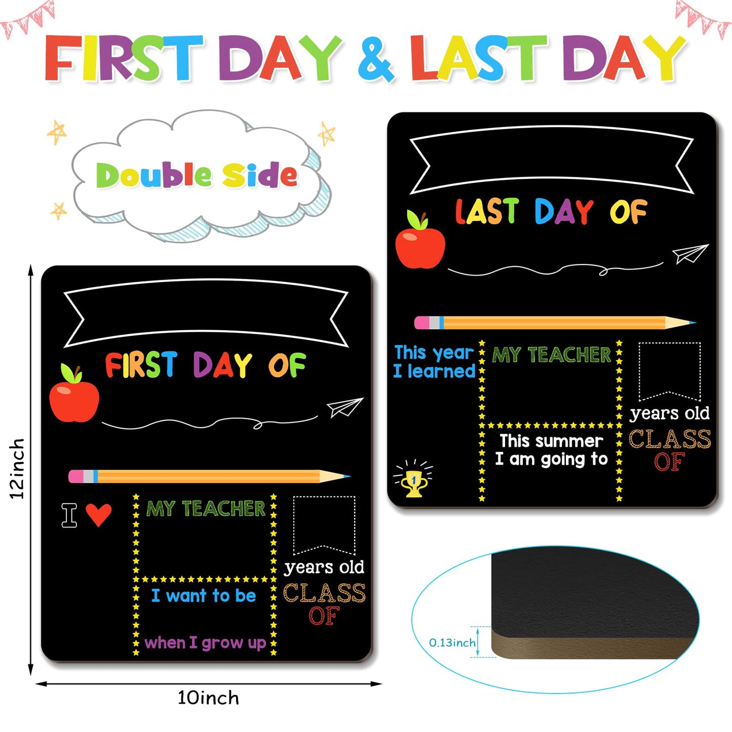 First & Last Day of School Signs with 6 Writing Pens, 10 x 12 Inch Double Sided Back to School Board, Reusable Wooden 1st Day