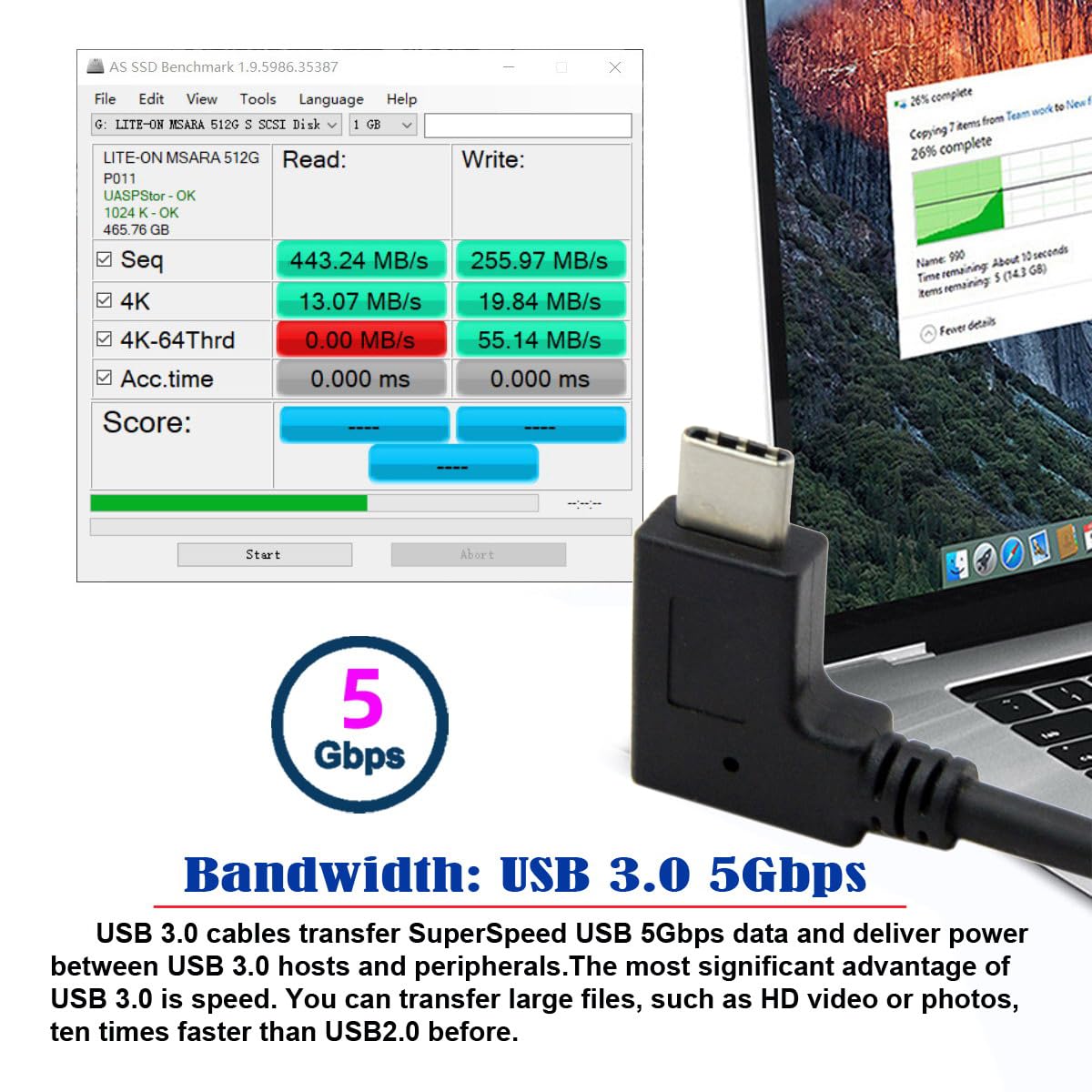 JSER 30cm Reversible USB 3.1 USB-C Right Angled to 90 Degree Down Angled A Male Data Cable for Tablet Mobile Phone (30cm)