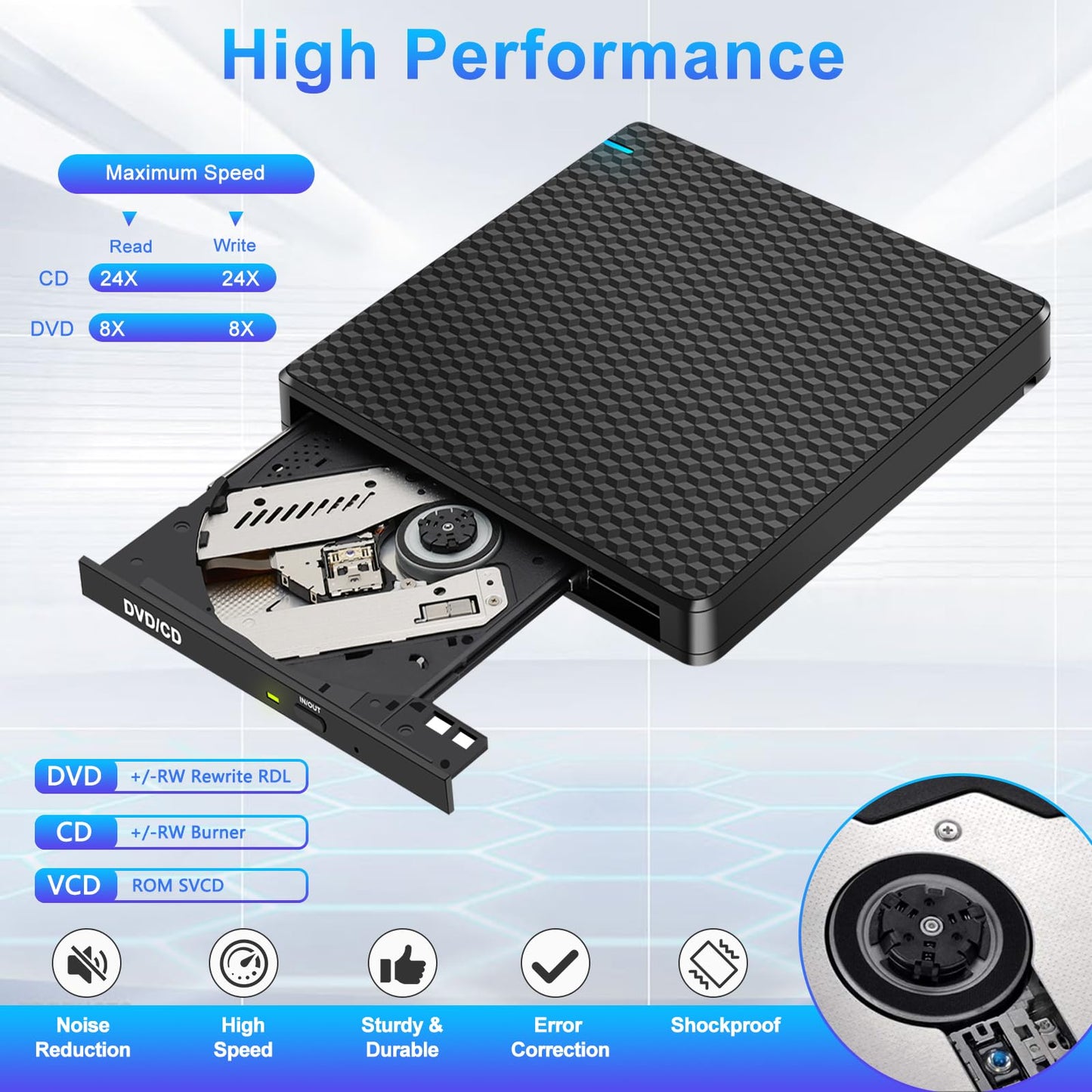 Guamar External CD DVD Drive: USB-C CD Burner Portable DVD Player Disc Reader for Laptop PC MacBook Mac Windows 11/10 with SD/TF Slot/2 USB Ports Plug