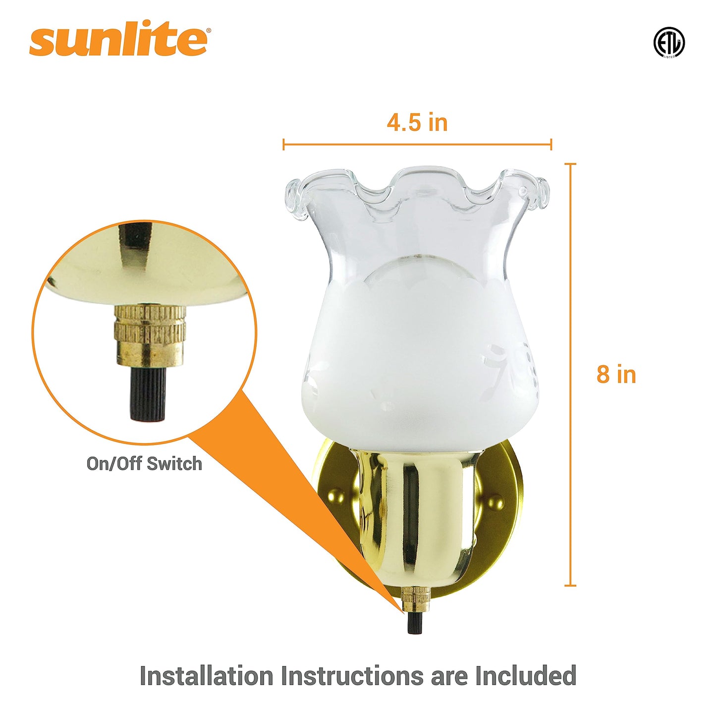 Sunlite 04530 4.5-Inch Tulip Shaped Wall Mount Light Fixture, Polished Brass Finish, 60W A19 Max Bulb, Medium E26 Base, 120 Volts, Built-in Switch