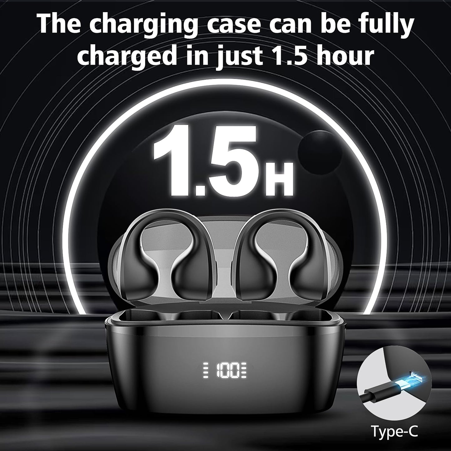 Wireless Earbuds Bluetooth 5.3 ,Open Ear Clip Headphones with Built-in Mic,30H Playtime, Charging Case LED Display Fitness Earbuds for Sports(Black)
