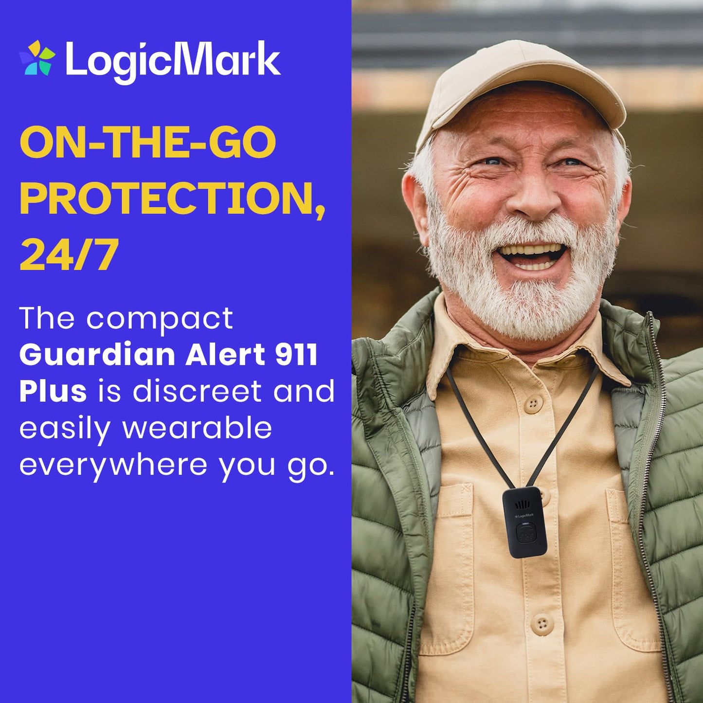 LogicMark Guardian Alert 911 Plus - No Monthly Fees, 2-Way Emergency Pendant for Seniors, with Fall Detection, Water Resistant, Direct 911 Connection