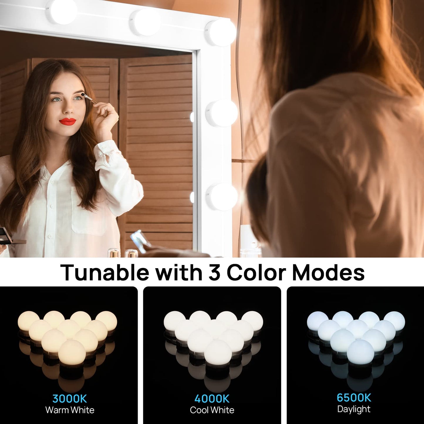 LED Vanity Lights For Mirror, Consciot Hollywood Style Vanity Lights With 10 Dimmable Bulbs, Adjustable Color & Brightness, USB Cable, Mirror Lights