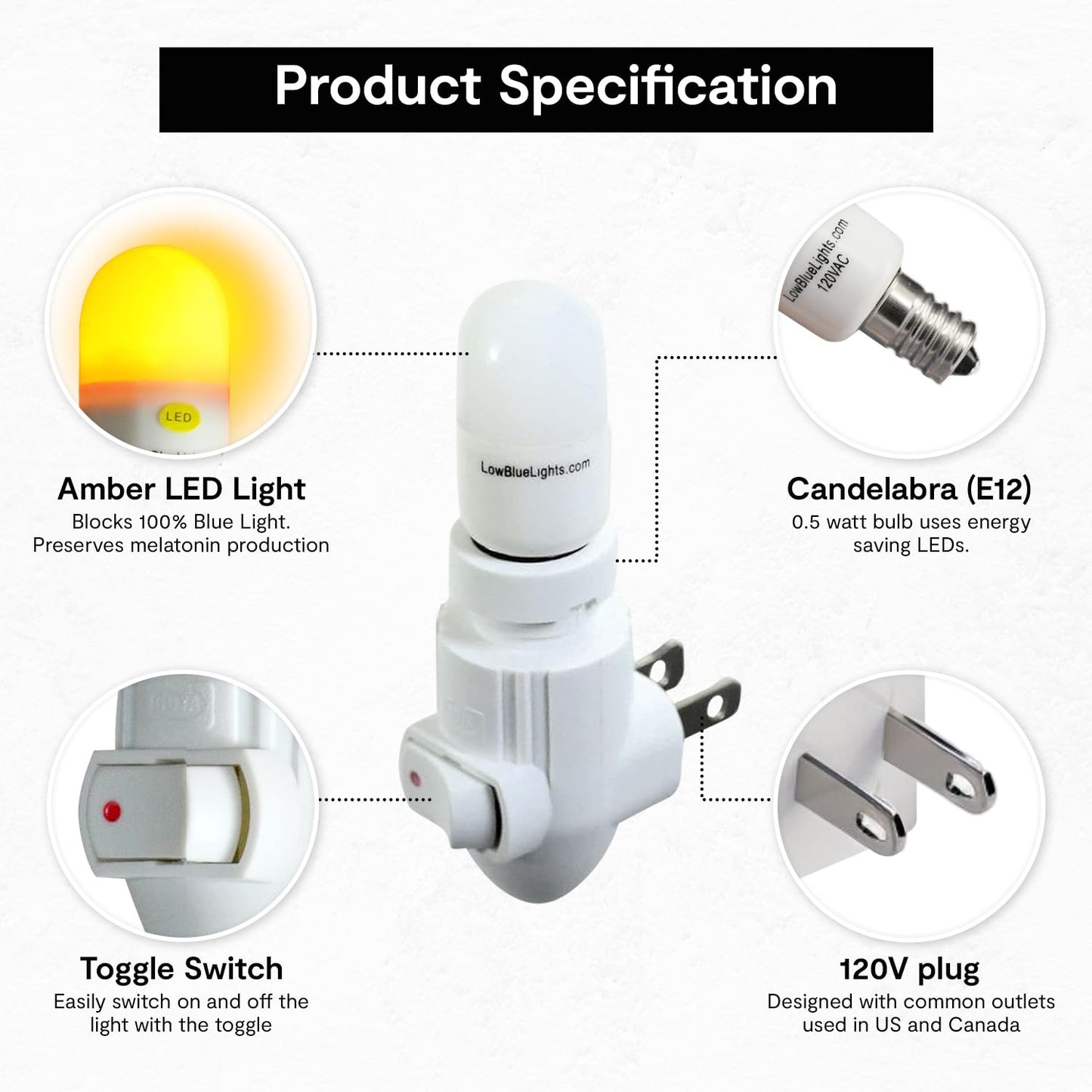 LowBlueLights Amber Night Light Plug in, 120V E12 Blue Light Free Bulb