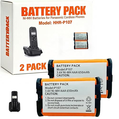 HIECTPRO HHR-P107 NI-MH Rechargeable Battery 3.6V 650mah 2Pack NiMH Cordless Telephone Batteries for Panasonic Cordless Phones
