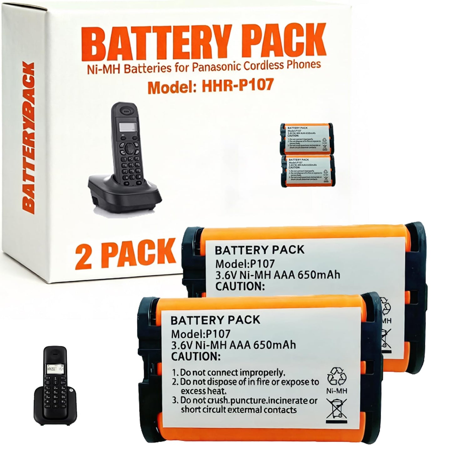 HIECTPRO HHR-P107 NI-MH Rechargeable Battery 3.6V 650mah 2Pack NiMH Cordless Telephone Batteries for Panasonic Cordless Phones
