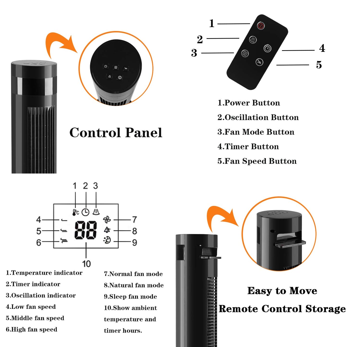 RMYHOME 43” Tower Fan with Oscillation, Remote Control and LED Display, 3 Powerful Wind Modes, Up to 12 H Timer Bladeless Standing Fan, Portable Fan