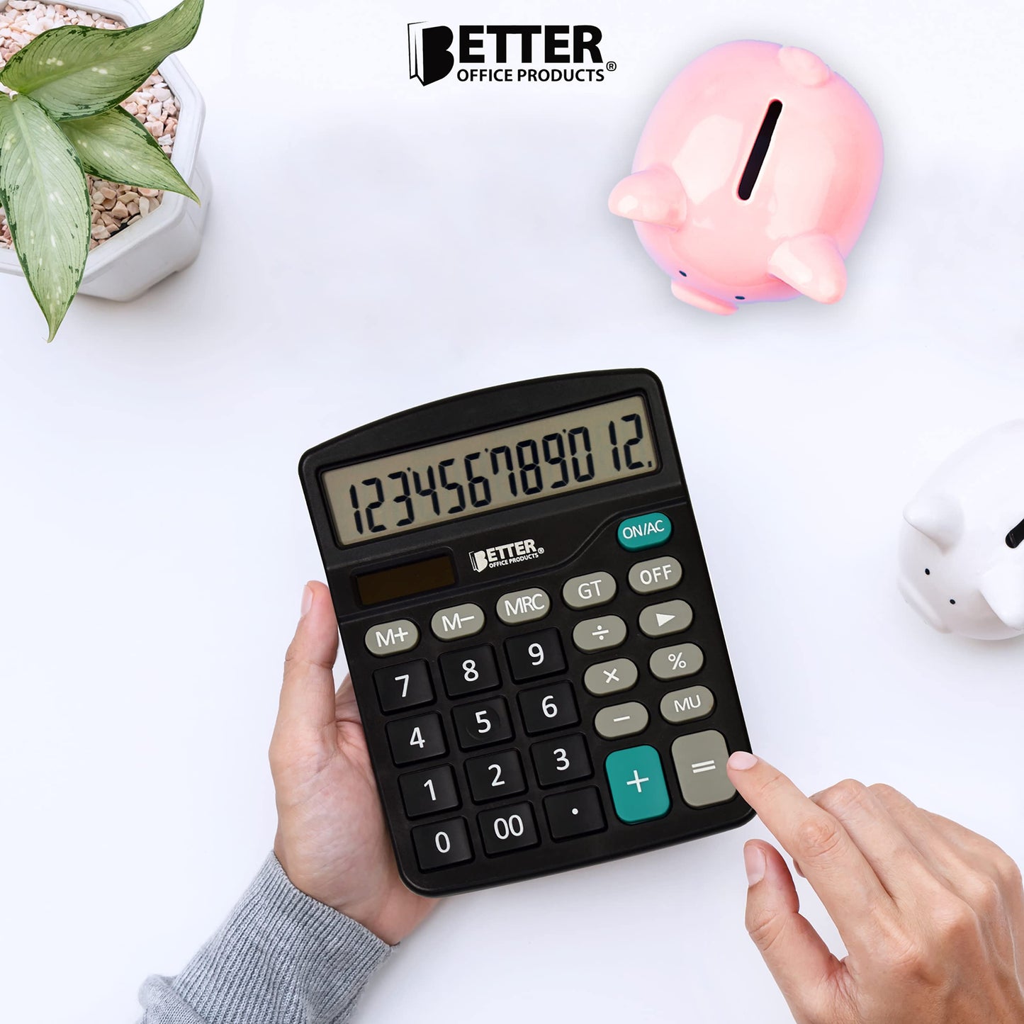 Better Office Products Large Desktop Calculators, 5 Pack, 12-Digit LCD Display, Angled Display Panel, Standard Function, Black, Dual Power