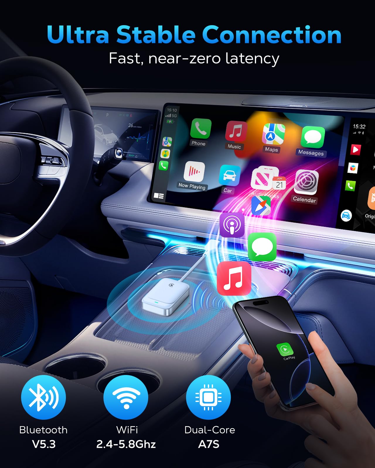 MoKo Wireless CarPlay Adapter for iPhone 2025, Converts Wired Car Play to Wireless Dongle, Plug and Play Fast Response Bluetooth CarPlay Adaptor