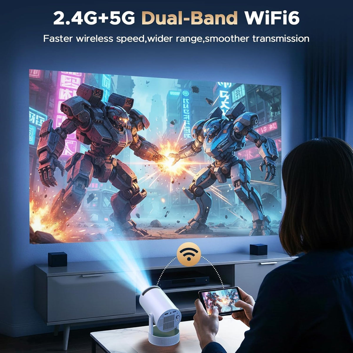 Mini Projector, Projector with Wifi and Bluetooth Built-in Battery 4K Portable Projector for Outdoor Bedroom, Smart Projectors 1080P Compatible
