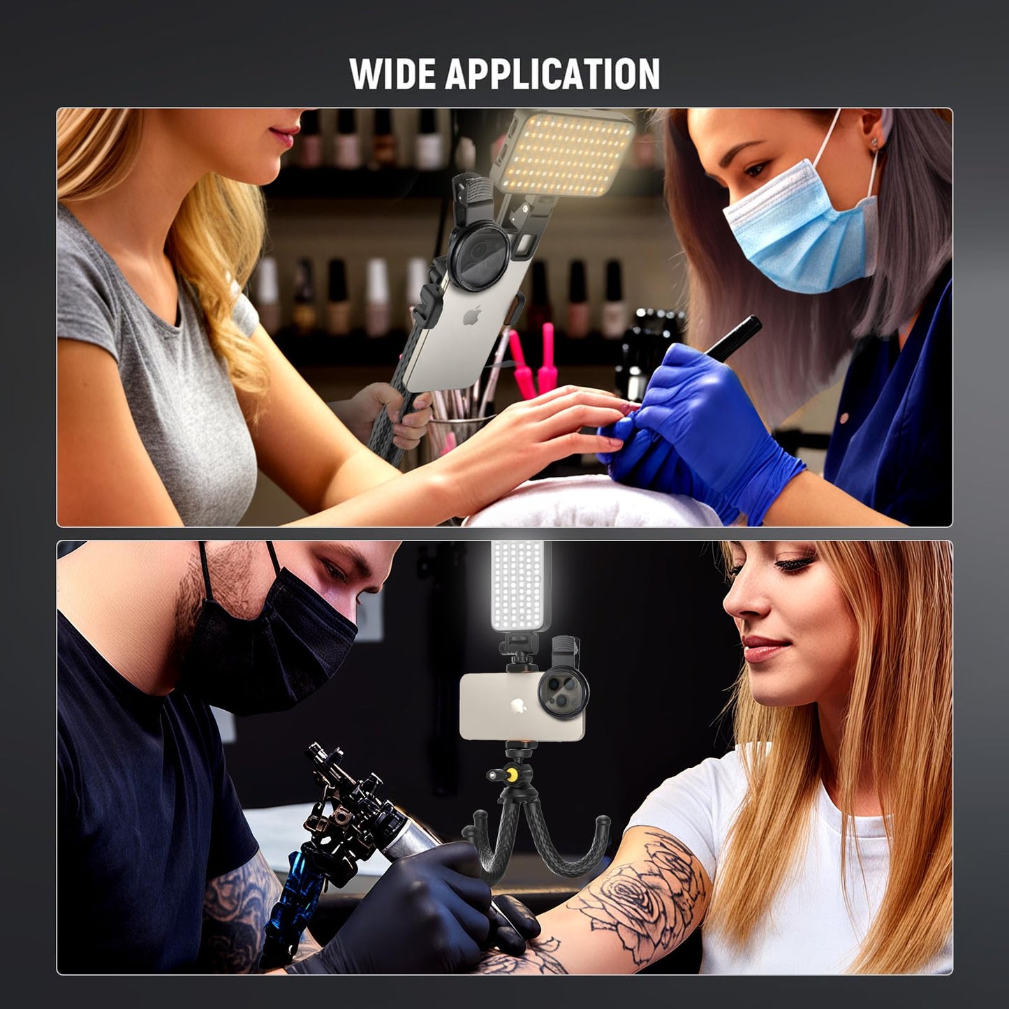 Selfie Tattoo Light Kit,Tattoo Equipment Supplies,Remove Glare LED Tattoo Photography Video Lights with 52mm CPL,Tripod Light,Dual Clips for Video