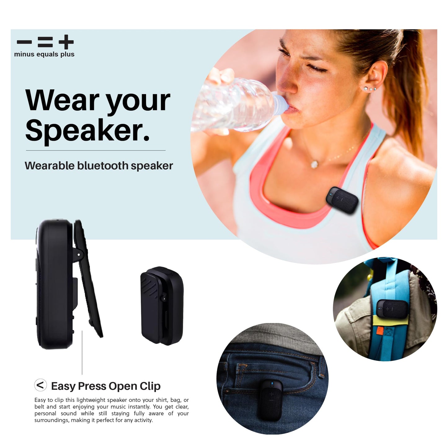 MINUS EQUALS PLUS - = + Golf Speaker/Wireless Wearable Bluetooth Speaker/Portable/Clip on/Up to 18hrs of Battery Life/Built-in Mic for Hands-Free