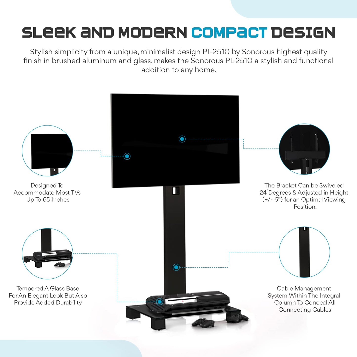 SONOROUS PL-2510 Premium TV Stand for Living Room & Bedroom - Modern Luxury Floor Stands with Swivel Mount & Tempered Glass Base - Universal
