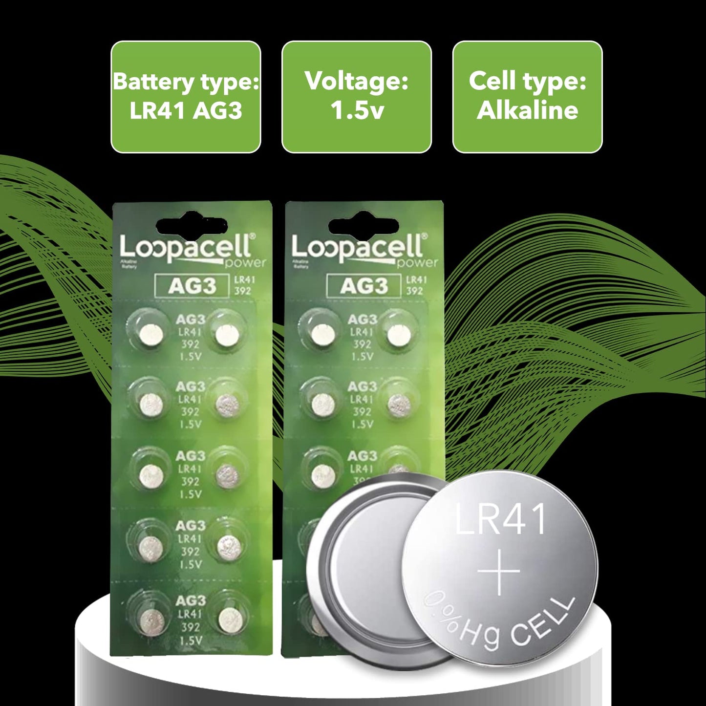 LOOPACELL AG3 LR41 Batteries (20 Pack) - AG3 392 384 192 Battery - 1.5V Alkaline Button Coin Cell