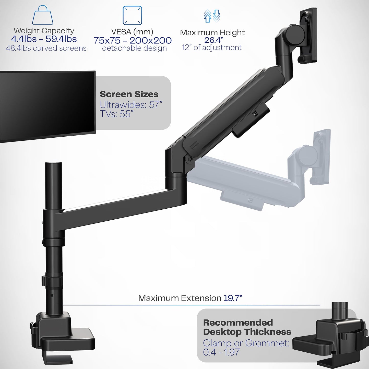 VIVO Heavy Duty Ultrawide Monitor Arm with Pole, 57 inch Screens up to 59.4 lbs, Desk Mount TV and Monitor Stand Designed for Samsung Odyssey Ark, Neo