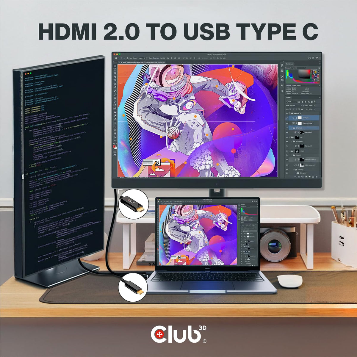 Club 3D 4K 60Hz HDMI to USB Type C Video Cable HDMI 2.0 (Male) to USB Type C (Male) Active Monitor Converter 1.8m/6 Feet CAC-1334