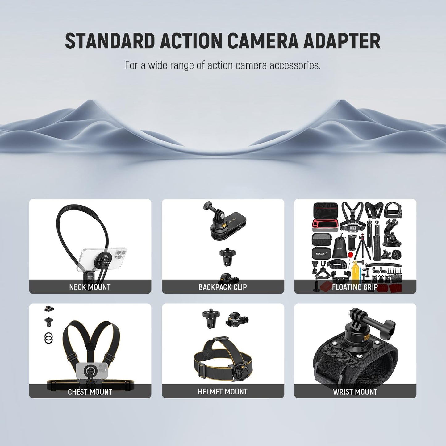 NEEWER Action Camera Mount Adapter with 1/4" Screw Aluminum Alloy Compatible with GoPro Hero 13 12 Insta360 X4 X3 DJI Osmo Pocket 3 Creator Combo