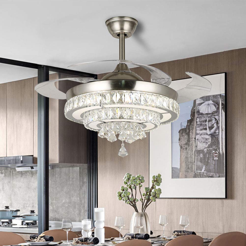KPIBEST 42 inch Crystal Ceiling Fan with Light and Remote Control 3 Lights Level, Modern Indoor Invisible Retractable Chandelier Fans Lighting with 3