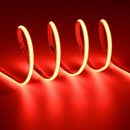 TOPAI 4mm Ultra Thin COB LED Strip Red 620-625nm 16.4ft, DC 12V Dotless High Density 400LEDs/M 7W/M, CRI>90 Cuttable Flexible with 3M Adhesive
