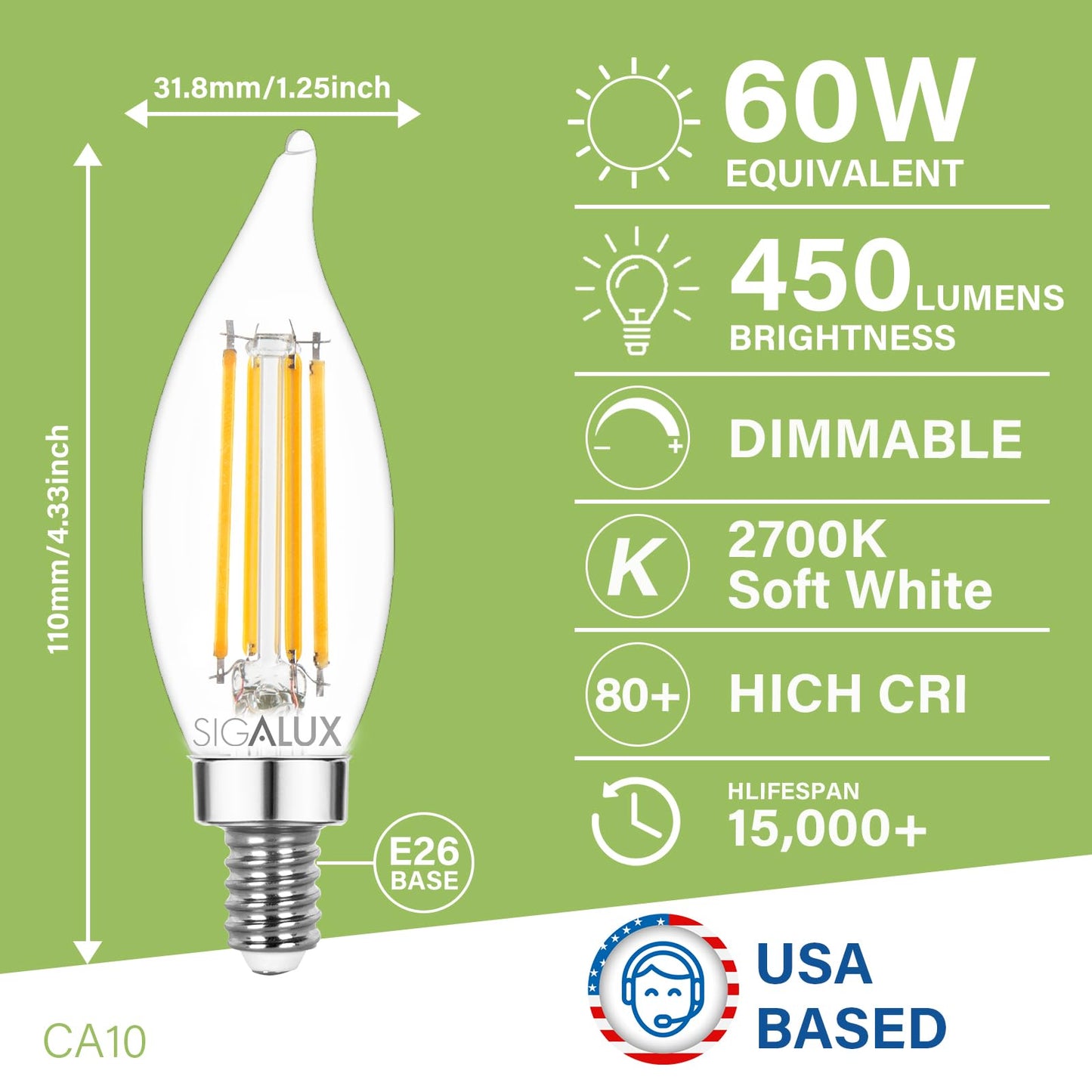 Sigalux Chandelier Dimmable Light Bulbs 60 Watt Equivalent, Energy Efficient 5W,2700K Soft White,450Lumens 15,000hrs,12 Packs Candle Light Bulbs