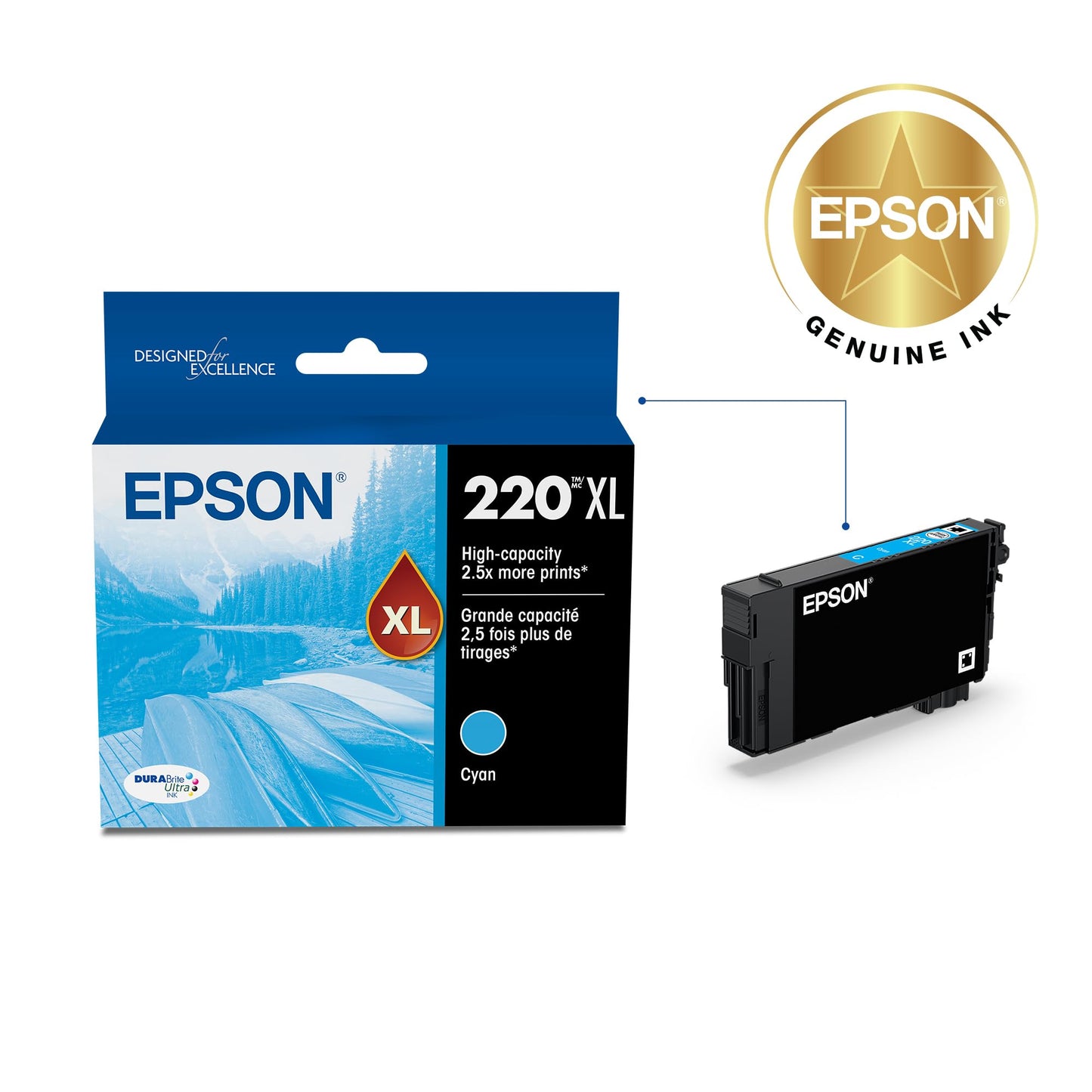EPSON 220 DURABrite Ultra Ink High Capacity Cyan Cartridge (T220XL220-S) Works with WorkForce WF-2630,2650, 2660, 2750, 2760 and Expression