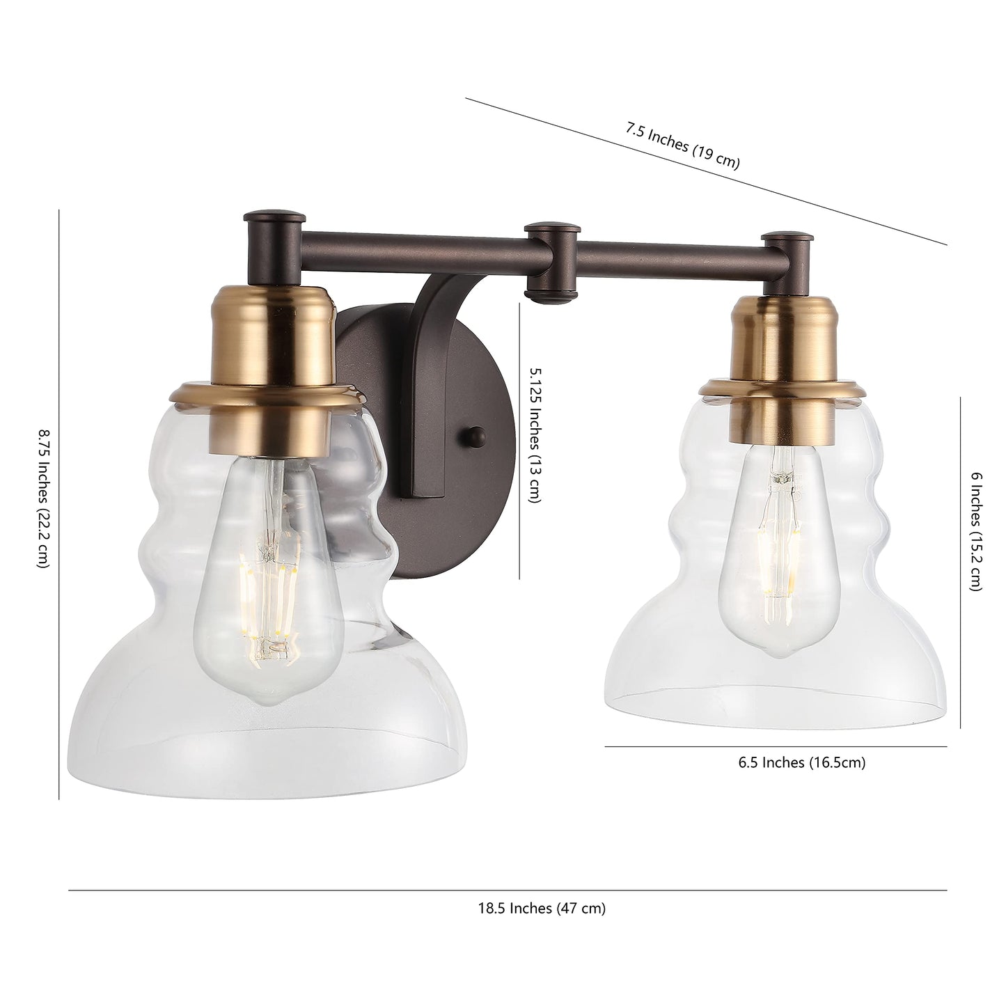 JONATHAN Y 18.5" Brass Gold/Oil Rubbed Bronze Modern Industrial Rustic 2-Light LED Vanity Light with Clear Glass Shade, Vintage Wall Sconce