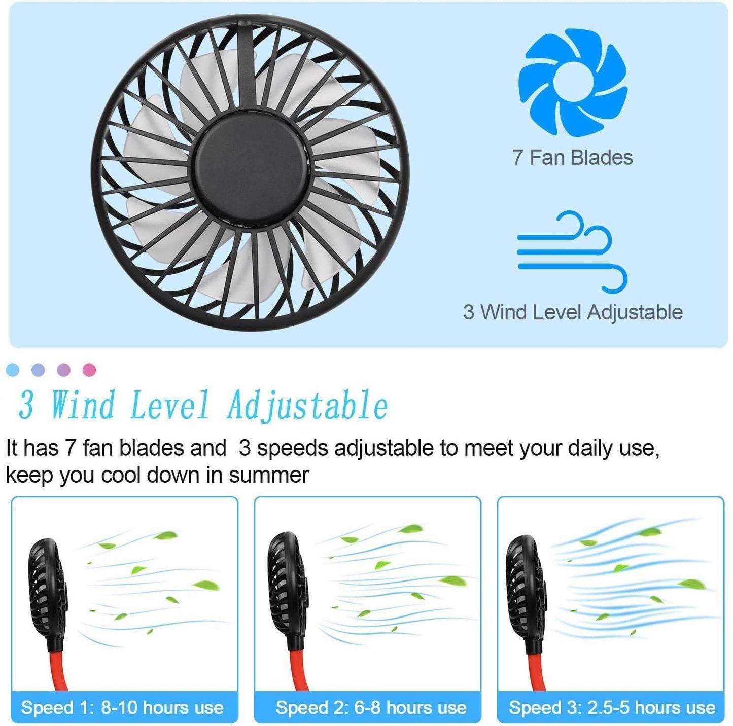 Personal Sport Neck Fan Portable, XUNMEJ Hand Free Mini USB Rechargeable Neckband Fans with 6-13 Hrs Runtime 2000mAh 3 Speed 360 Degrees Free Rotation