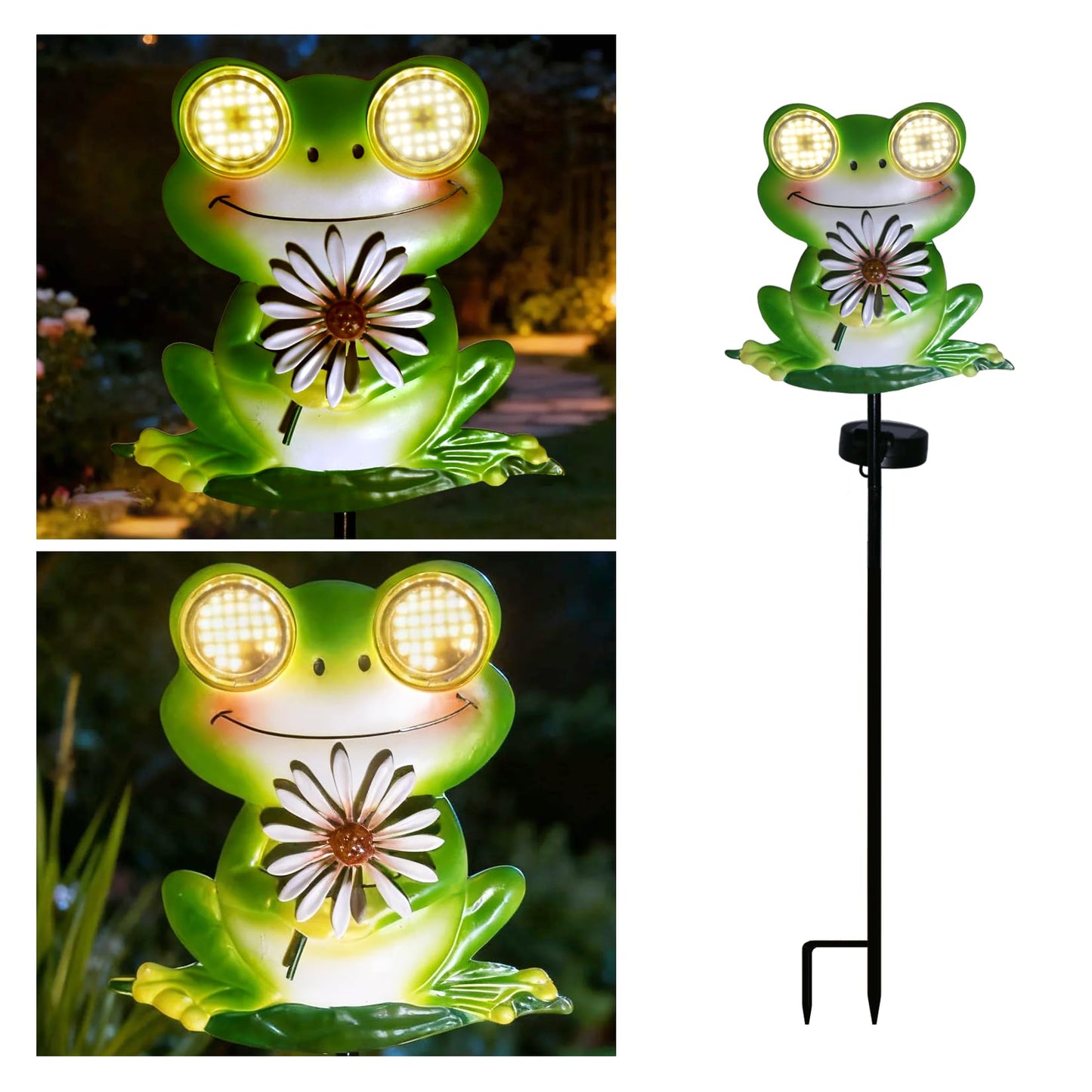 esgarden Solar Frog Garden Stake Light with Dynamic Moving LED Eyes, Outdoor Metal Figurine Sculpture Statue, Cute Animal Yard Art Decor, Warm White