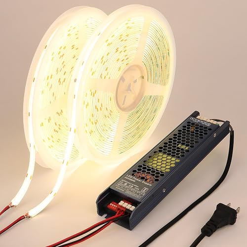 BENLUN 24V COB LED Strip Light Outdoor Waterproof 65.6ft (2 Rolls of 32.8ft), 4000K Natural White 11W/M 312LEDs/M CRI 93 LED Tape Light with Power