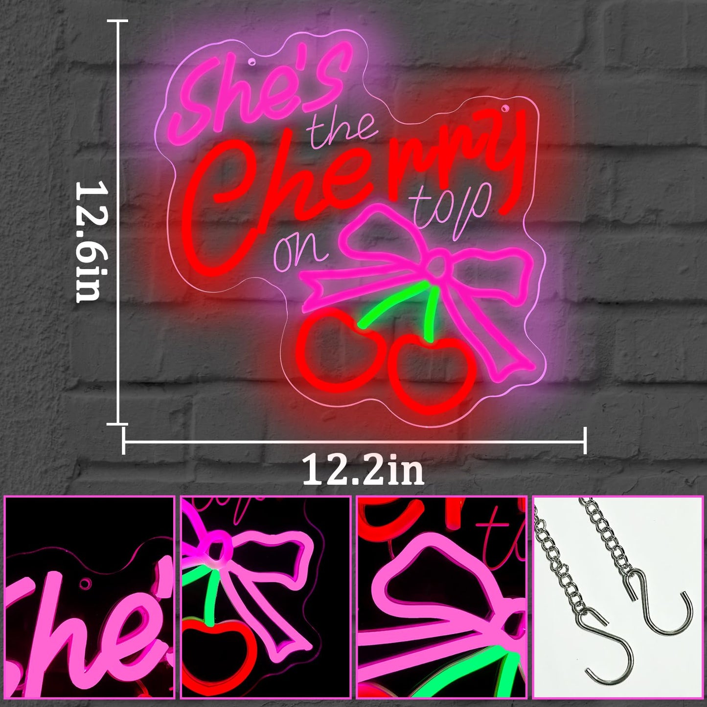 ShShe's The Cherry on Top Neon Sign Cherry Neon Light for Wall Decor Dimmable Pink Bow LED Sign for Bachelorette Party Bridal Shower Wedding Baby