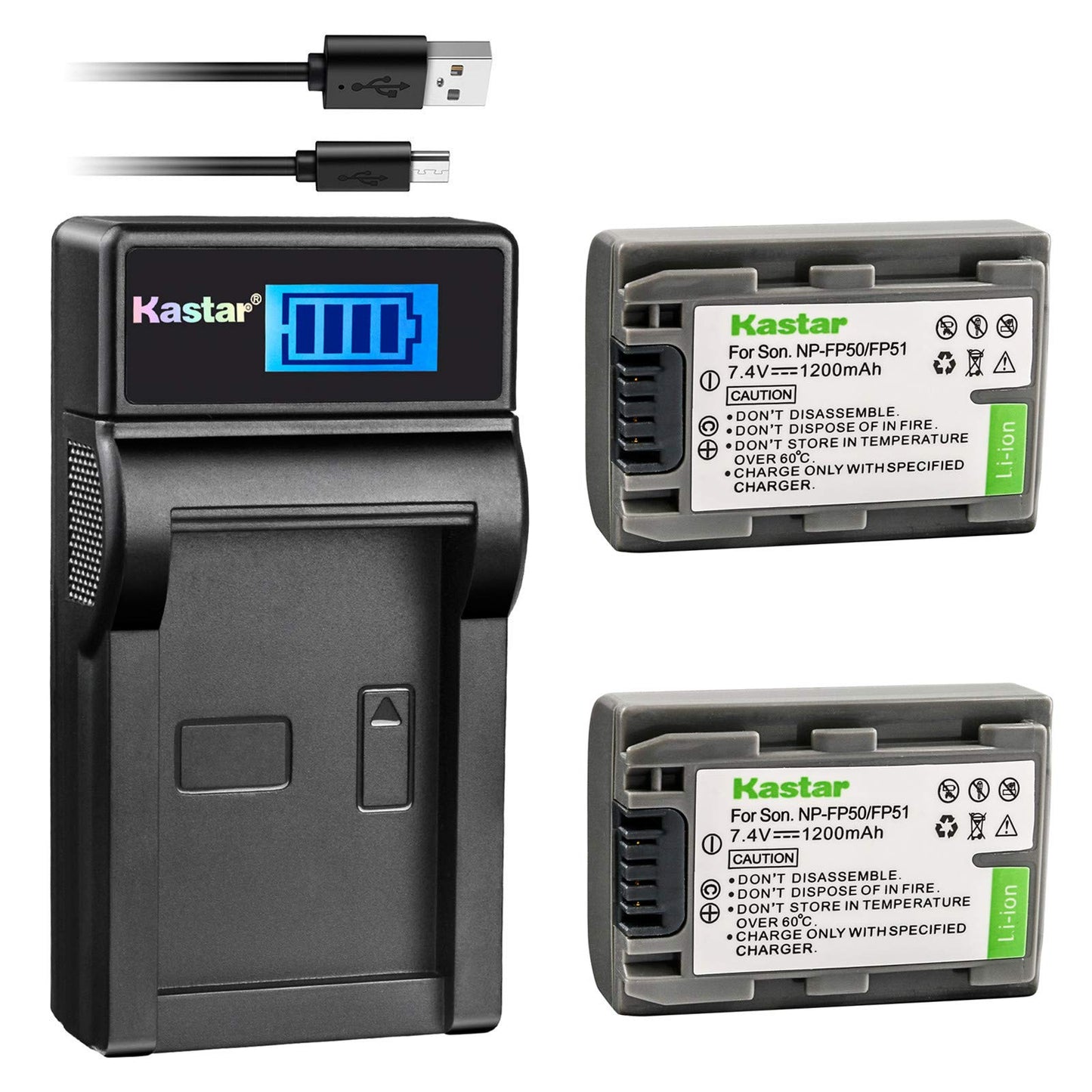 Kastar Battery (X2) & LCD Slim USB Charger Replacement for Sony NP-FP51 NP-FP50 and DCR-30 DVD203 DVD305 DVD92 HC20 HC21 HC26 HC30 HC32 HC36 HC40 HC42