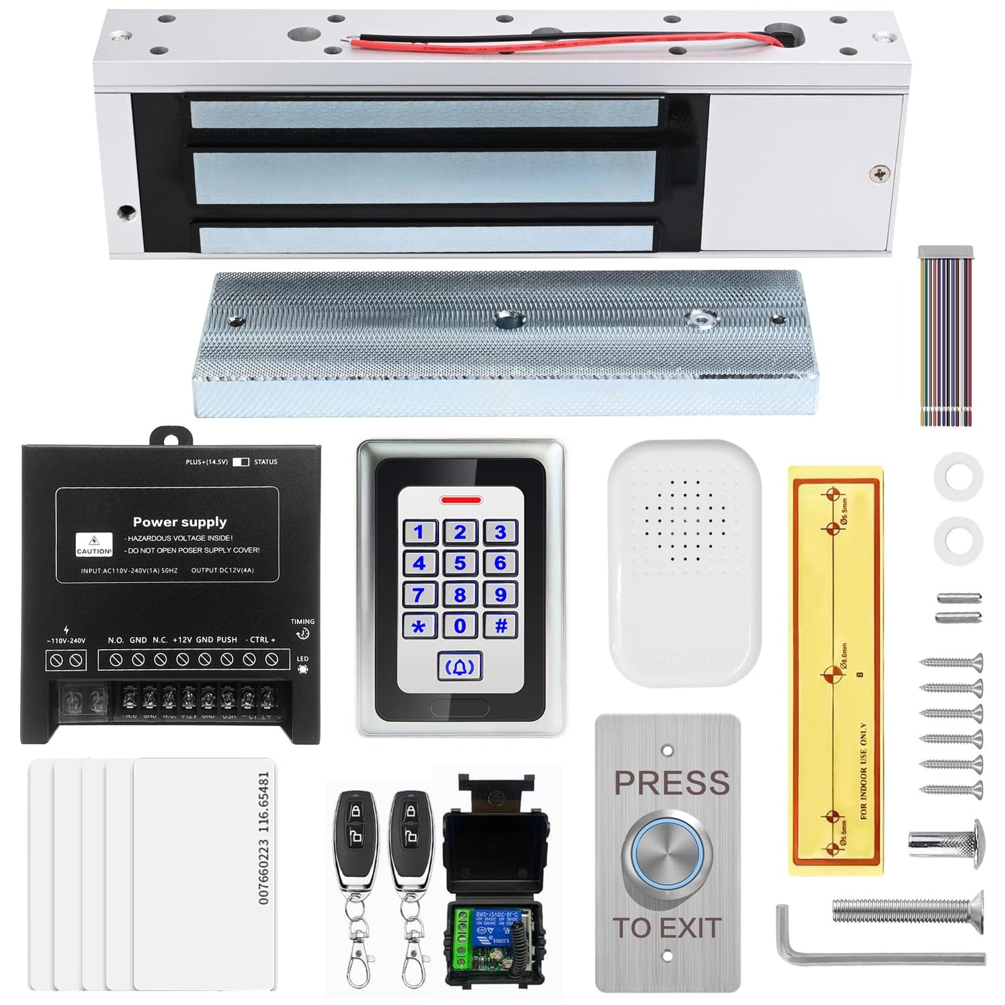 Access Control System Kit with Remote - 1200lbs Holding Force Fail-Safe Electromagnetic Lock, Metal Keypad, 12V Power Supply, Exit Button & Doorbell