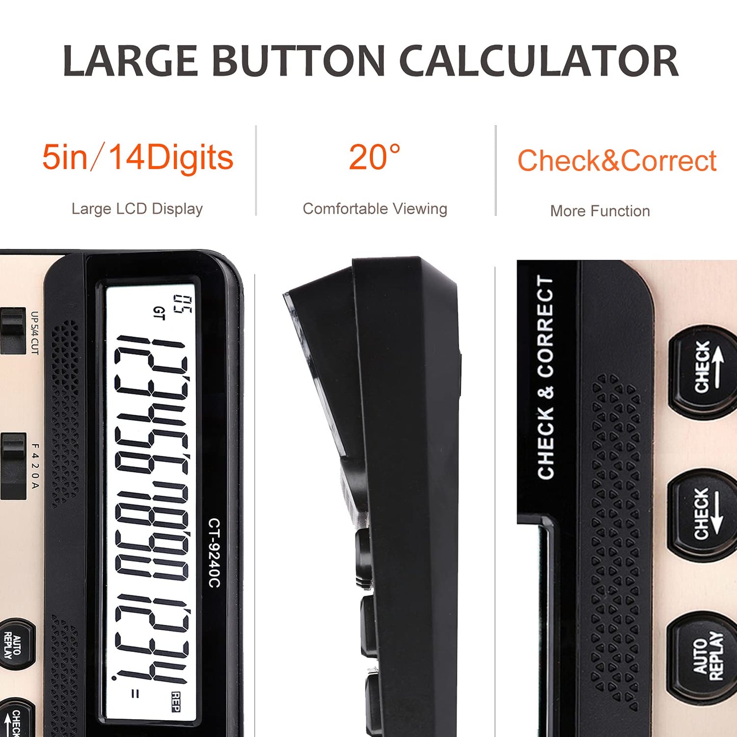 Large Button Calculator,Philley Large LCD Display 14 Digits Desktop Check&Correct Electronic Calculator(CT-9240C)