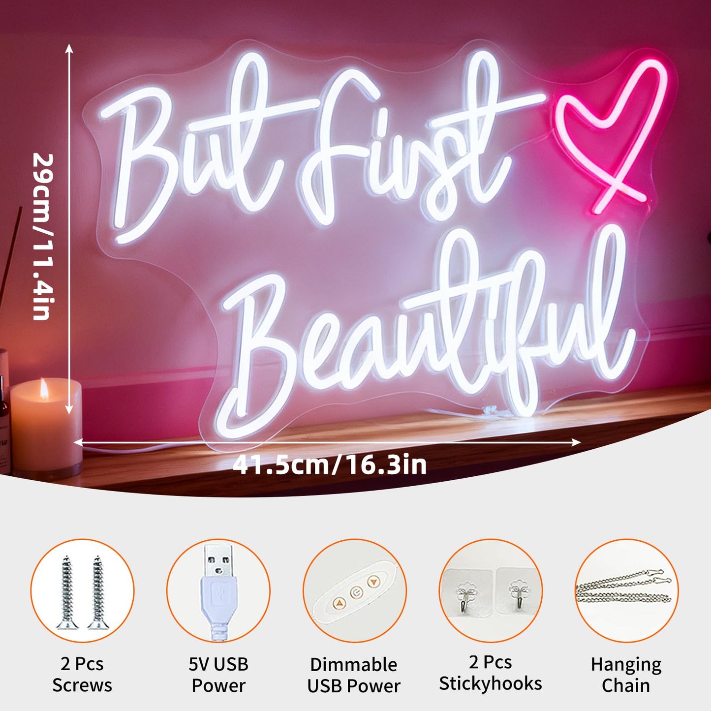 But First Beautiful Neon Sign, Beauty Theme Decor for Makeup Vanity Bedroom Dressing Room Women Gift Bachelorette Party Wall Table, USB Powered