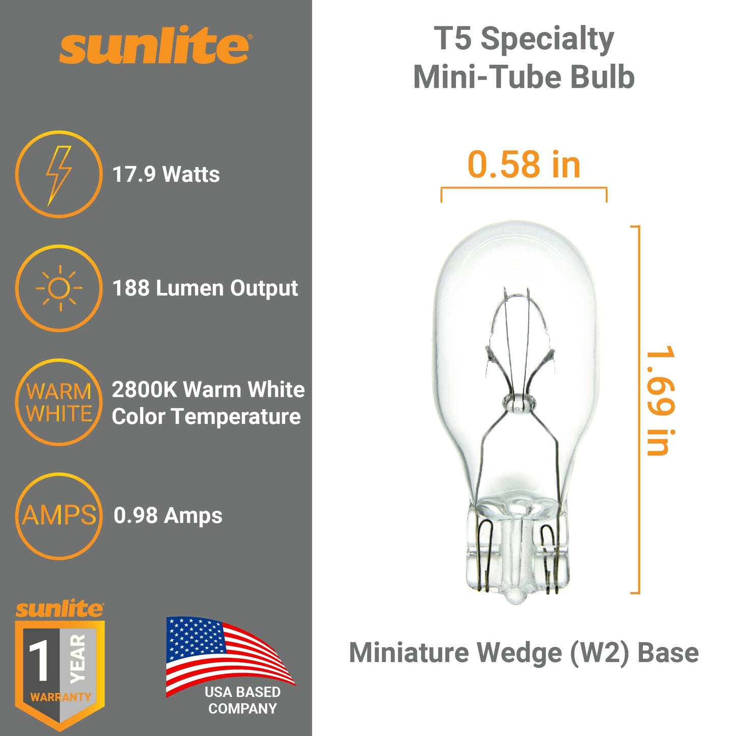 Sunlite T5 Specialty Mini-Tube Bulb, 17.9 Watts, 188 Lumens, 12.8V, C-2R Filament, Miniature Wedge W2.1x9.5d Base, Clear Finish, 2800K Soft White,