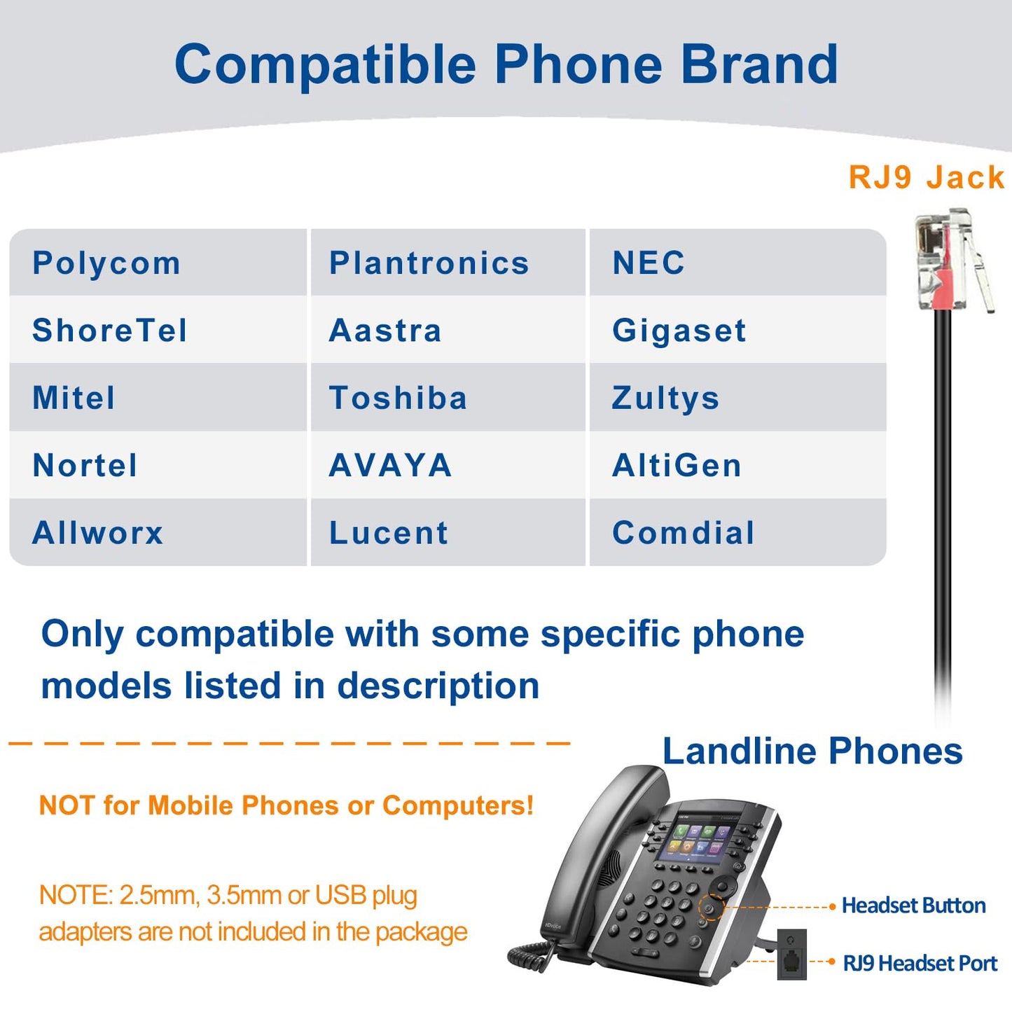 RJ9 Telephone Headset with Microphone Noise Cancelling, Corded Office Phone Headsets for Polycom VVX250 VVX400 VVX500 ShoreTel 230 420 480 Mitel 5320e