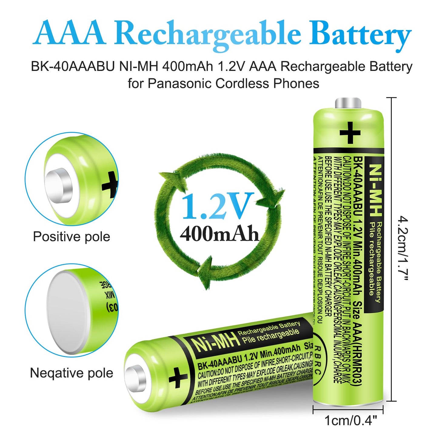 EOCIK BK-40AAABU 6Pack NI-MH Rechargeable AAA Batteries 400mAh 1.2V AAA Rechargeable Battery for Panasonic Cordless Phones,Remote Controls