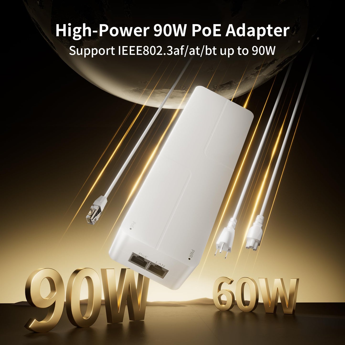 2.5G PoE++ Injector, 90W IEEE 802.3bt/af/at Injector Adapter, 100/1000/2500Mbps, Up to 100m(328ft) Transmission, Plug & Play, Wall Mountable for IP
