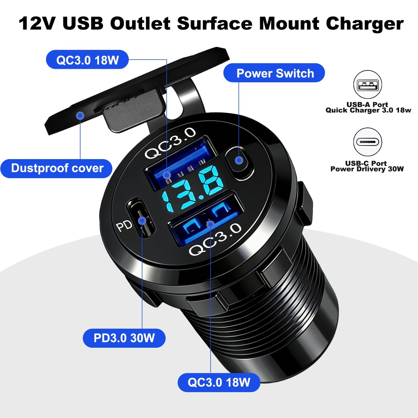 12V USB Dual Port Quick Charge 3.0 and PD3.0 USB-C Car Charger Socket 12V Power Outlet Cigarette Lighter Replacement DIY Kit with Voltage Meter