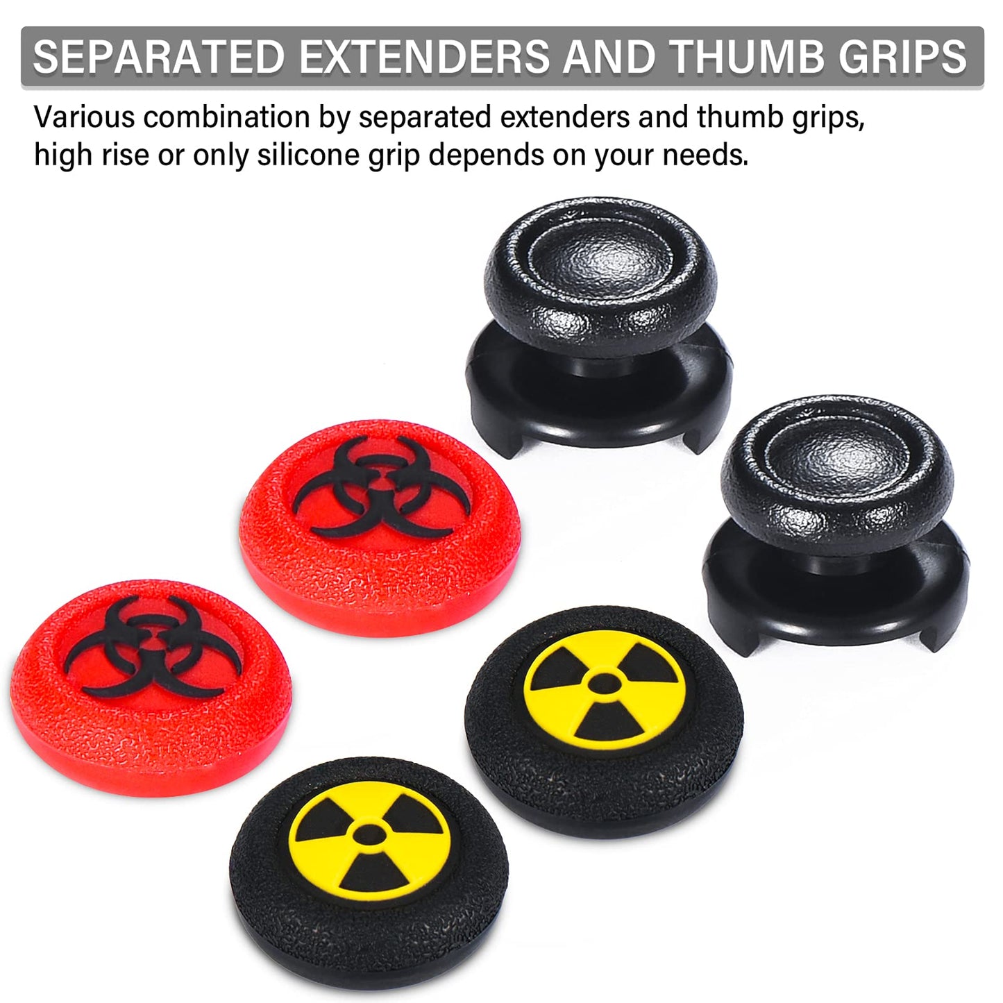 Playrealm FPS Thumbstick Extender x 2 & Printing Rubber Silicone Grip Cover x 4 for Xbox Series X/S & Xbox One Controller(Radiation Black & BioH Red)