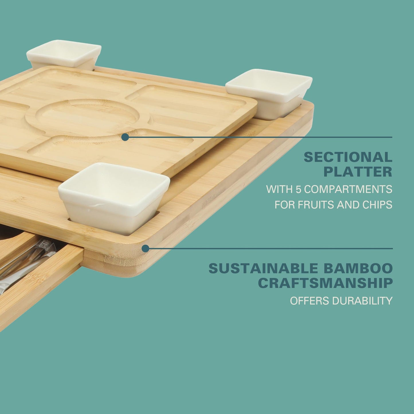 Gibson Home Rustic Inspirations 18-Piece Bamboo Charcuterie Board Set for Serving - Large Cheese & Fruit Tray with Hidden Drawer Ceramic Bowls…