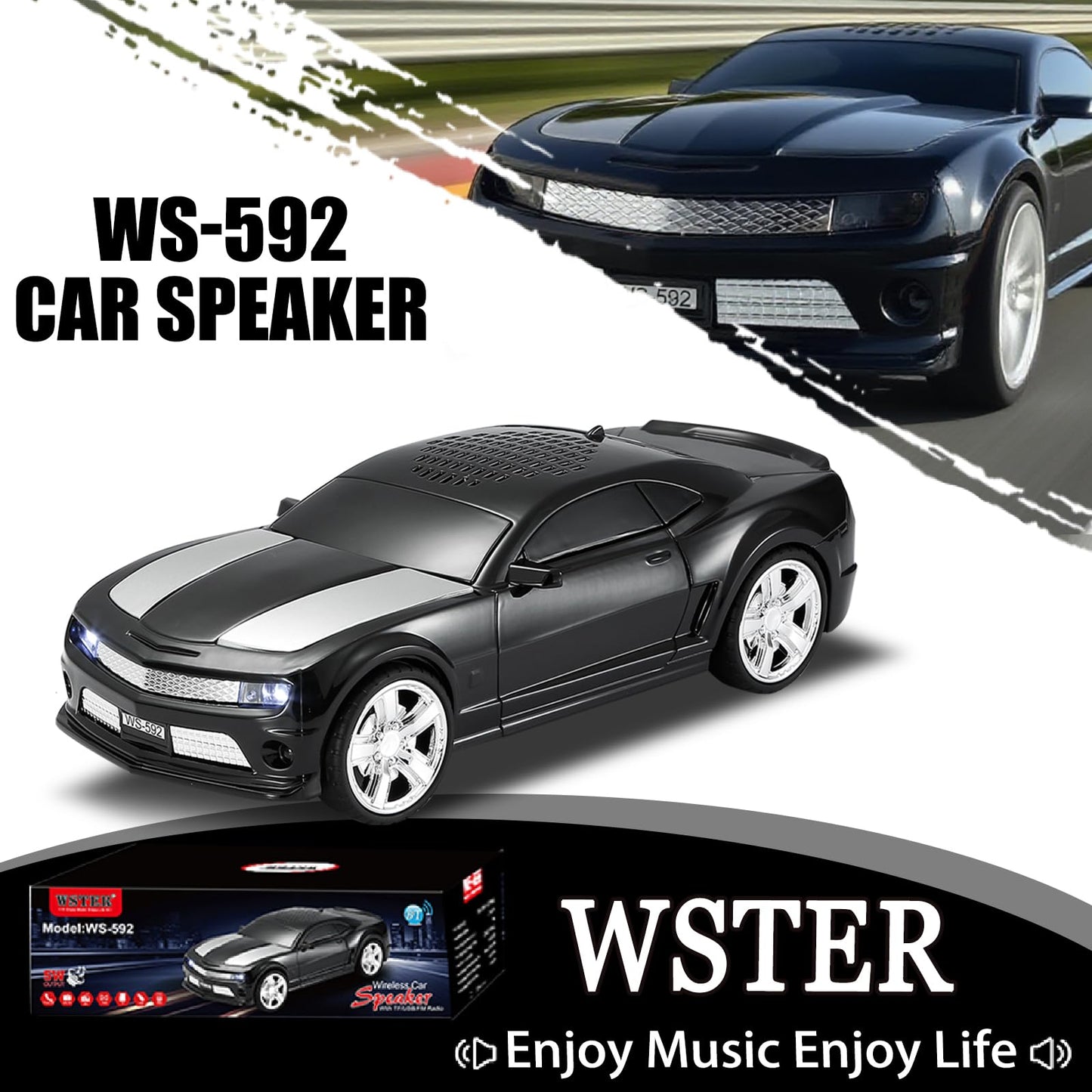 WSTER WS-592 Supercar Design Bluetooth Replica Speaker - Portable Car Model Wireless Speaker with TWS Stereo, FM Radio, LED Party Lights, USB/TF