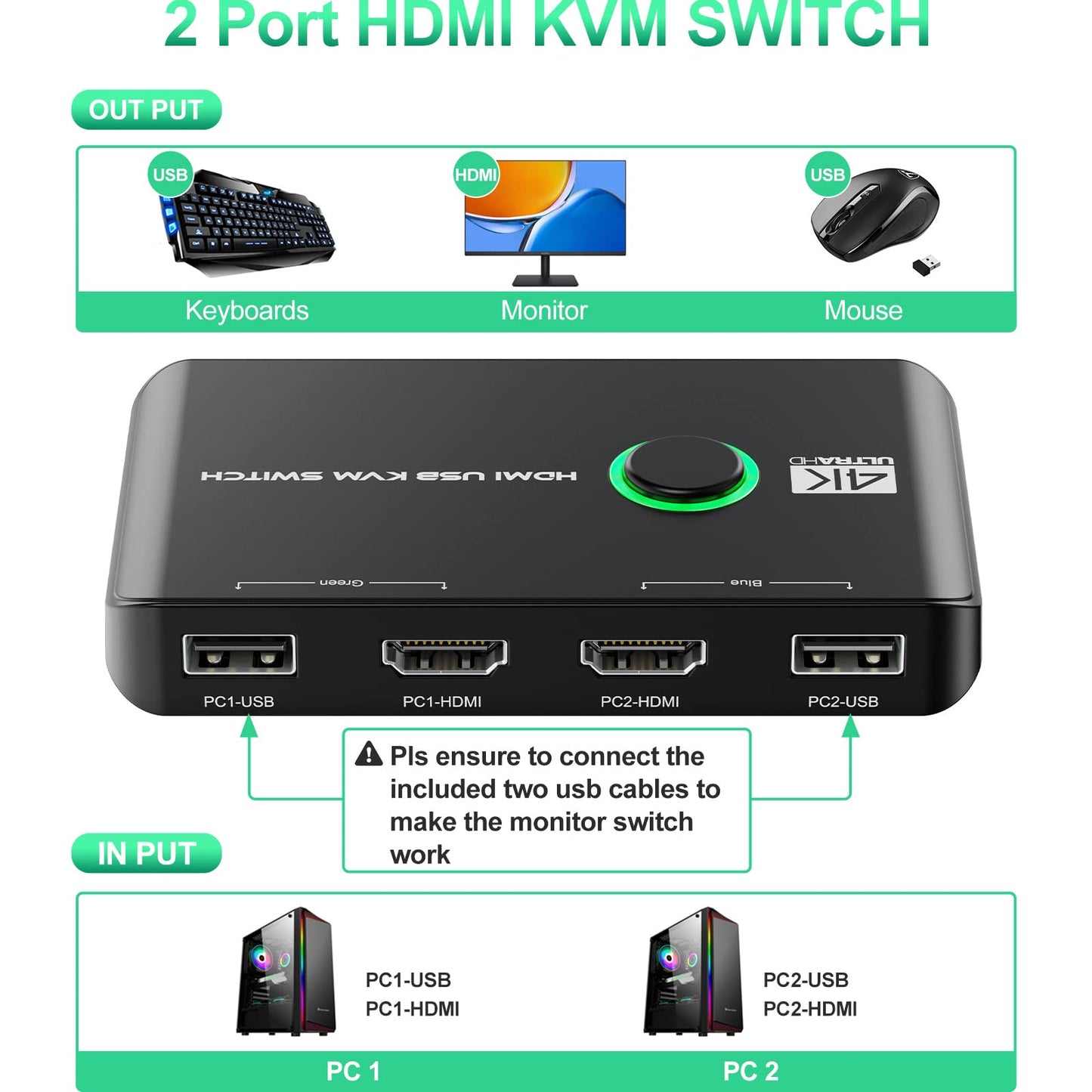 4K KVM Switch HDMI 2 Port Box, USB HDMI KVM Switches for 2 Computers Share Keyboard Mouse Printer and one HD Monitor, Support UHD 4K@60Hz, with 2 USB
