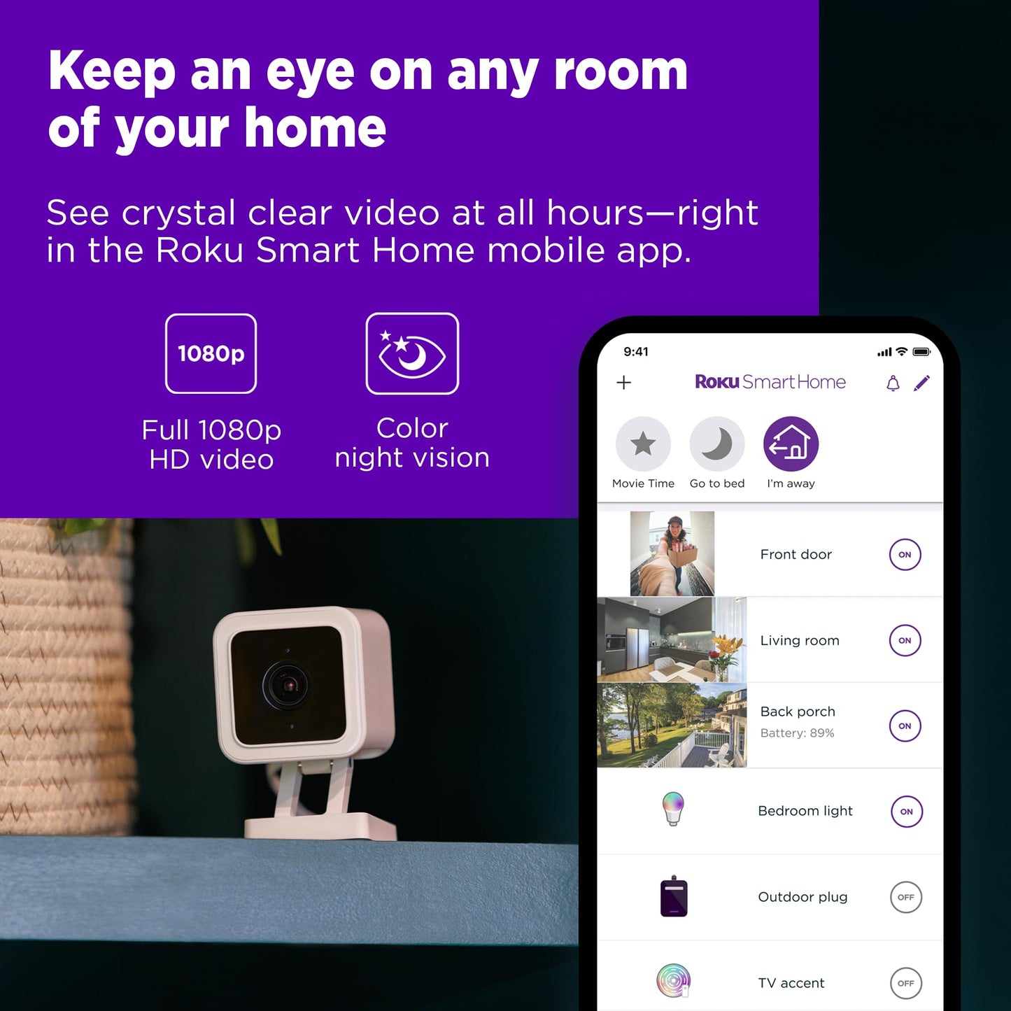 Roku Indoor Camera for Home Security, 1-Pack - Wired Security Camera with 1080p HD Color Night Vision, Works with Alexa & Google, Motion & Sound