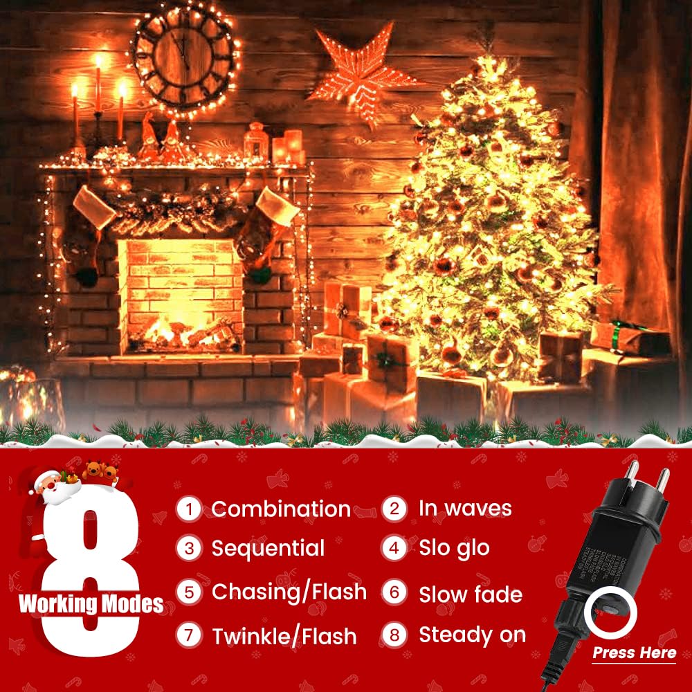 Areker 82ft 1000LED Christmas Lights Outdoor Indoor, Green Wire Christmas String Lights Plug in, Ultra Bright 8 Modes Waterproof Fairy Lights for Xmas